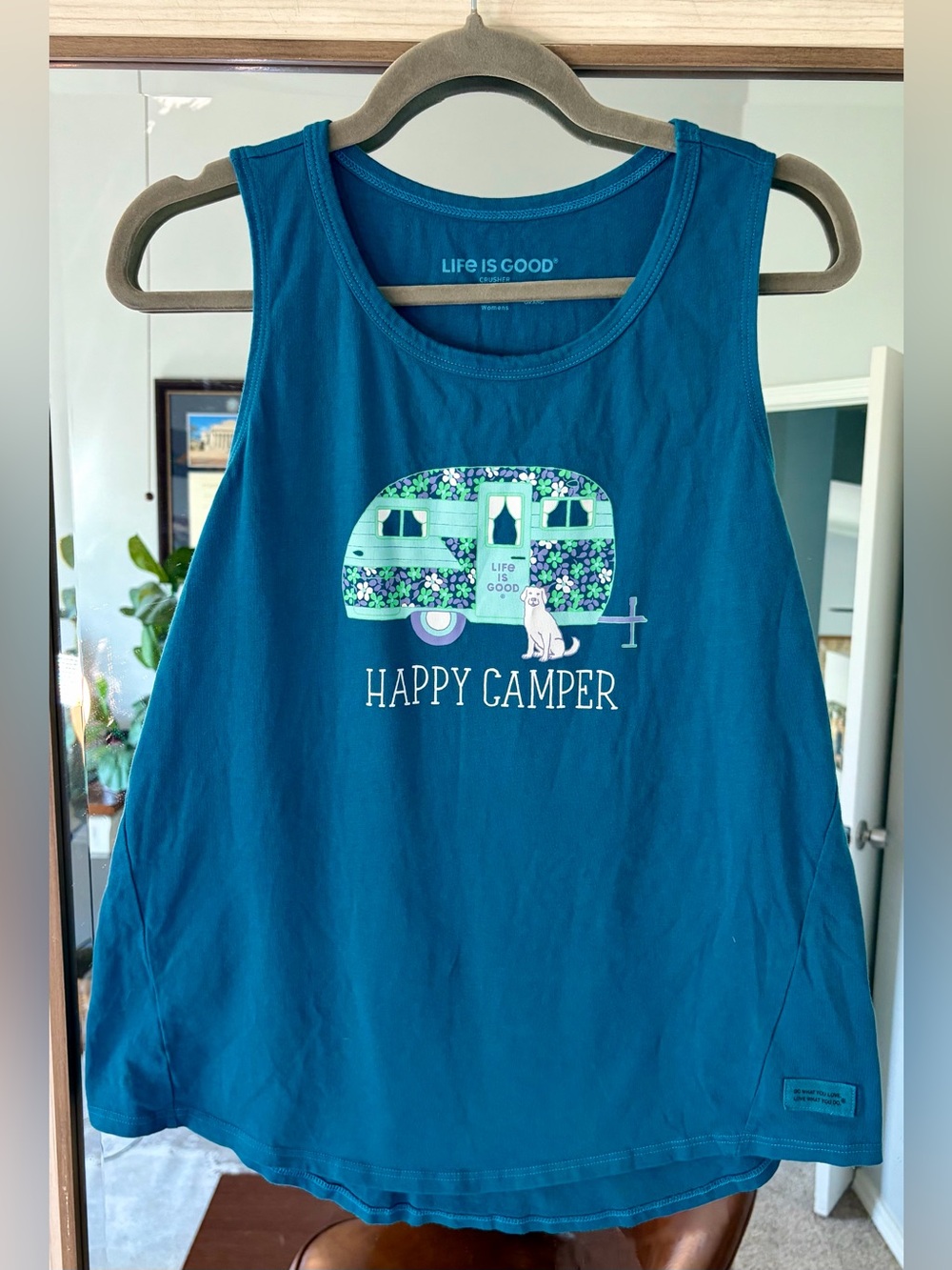 Women's Life is Good Happy Camper Blue Sleeveless Crusher High-Low Tee Tank Sz L